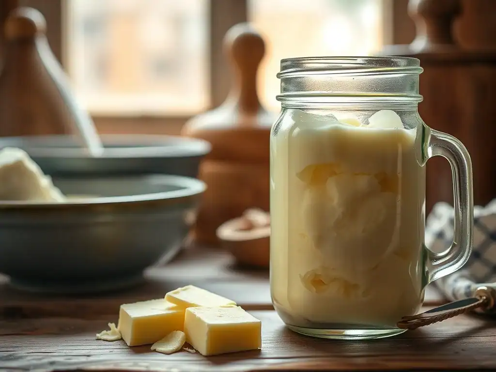 Homemade butter in a glass jar with butter blocks and kitchen utensils in the background.