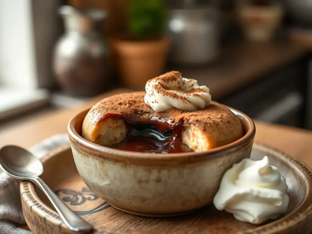 Delicious gluten-free self-saucing pudding featuring warm chocolate sauce and whipped cream topping.