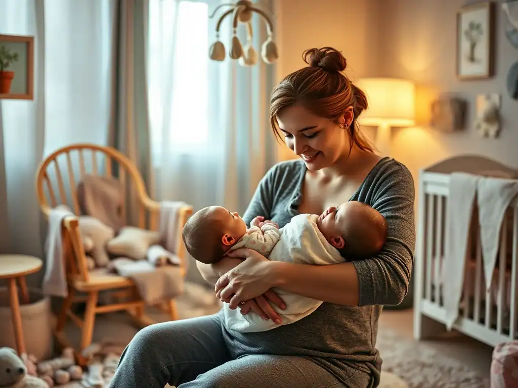 Mother holding two newborn babies in a cozy nursery.