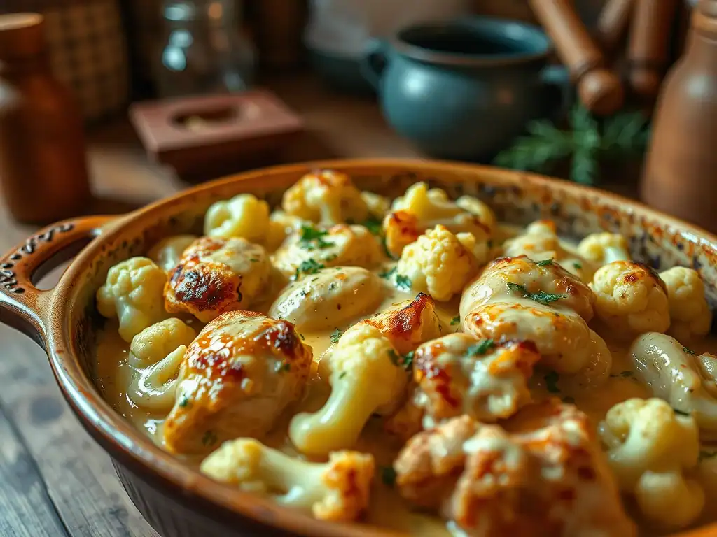 Delicious chicken and cauliflower bake topped with melted cheese, perfect for family dinners. Easy t.