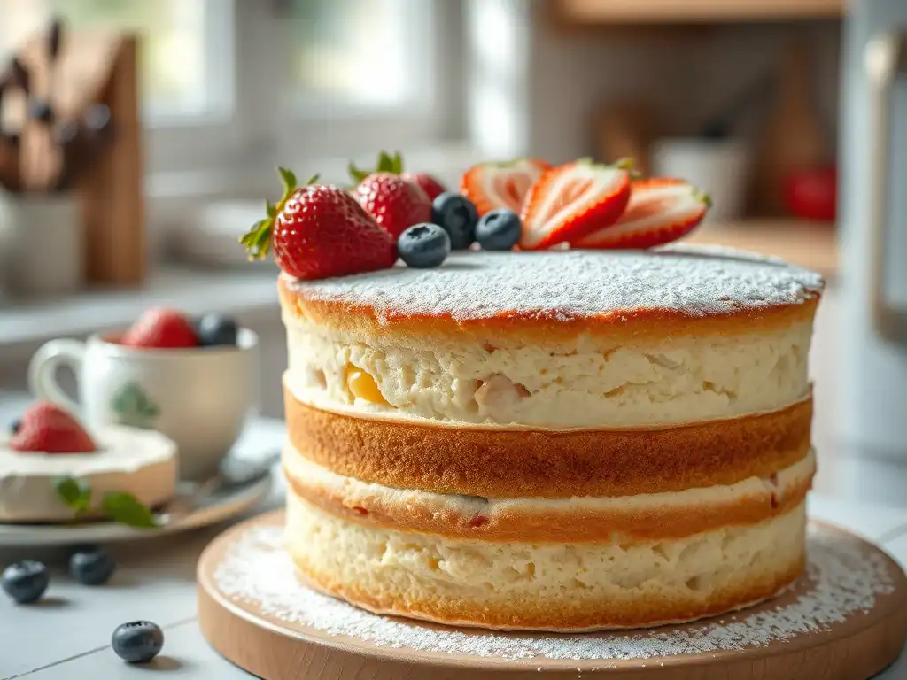 Delicious gluten-free sponge cake topped with fresh strawberries and blueberries. Perfect for specia.