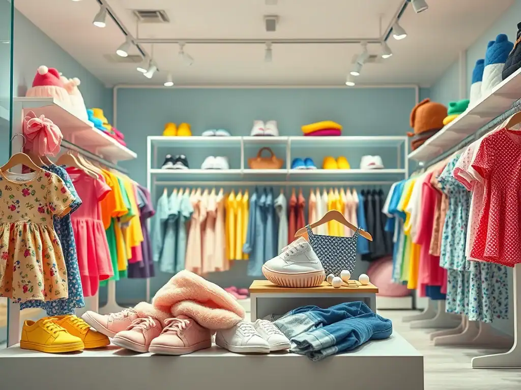 Children's clothing store with colourful kids' apparel and accessories.