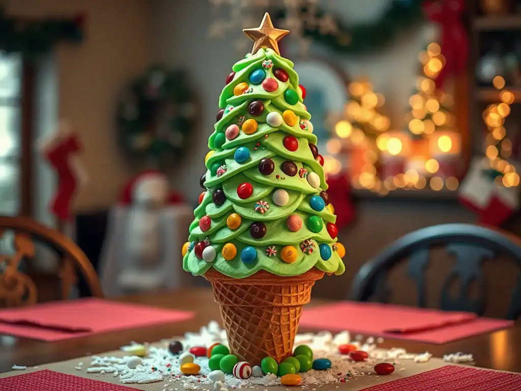Ice Cream Cone Christmas Tree decoration with colorful ornaments and star topper.