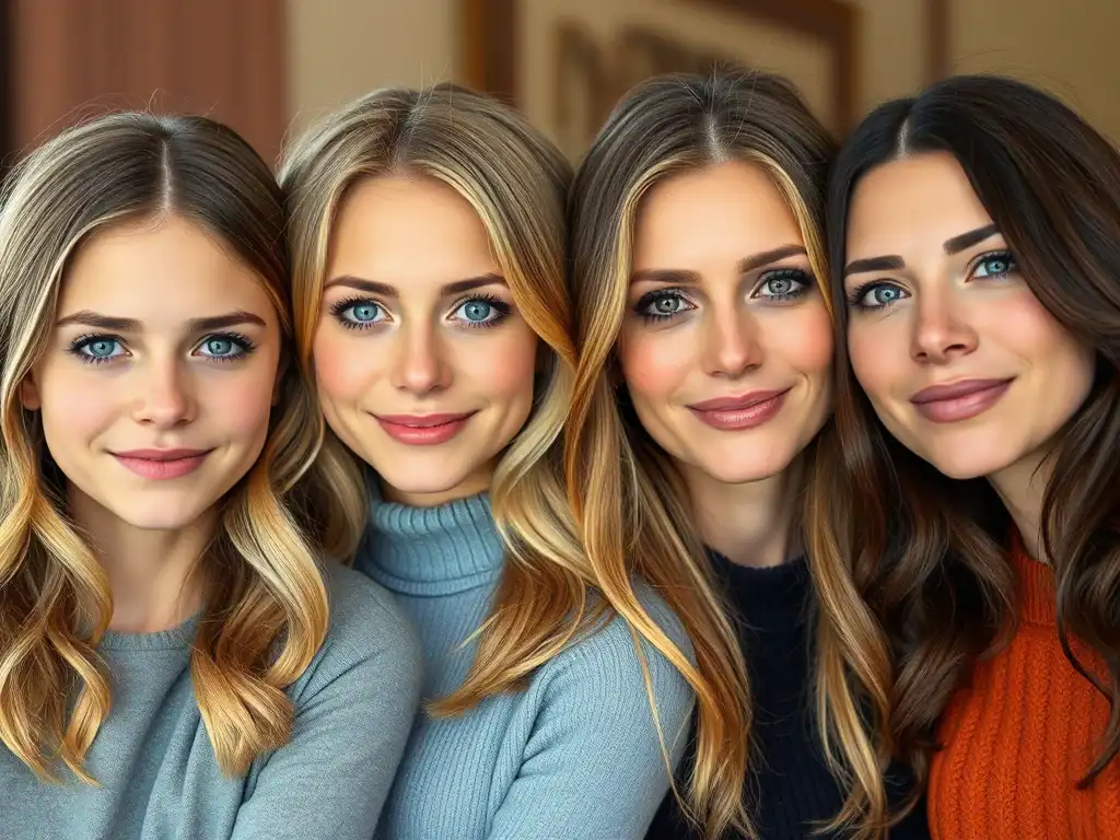 Mother and daughters with striking blue eyes and similar features.