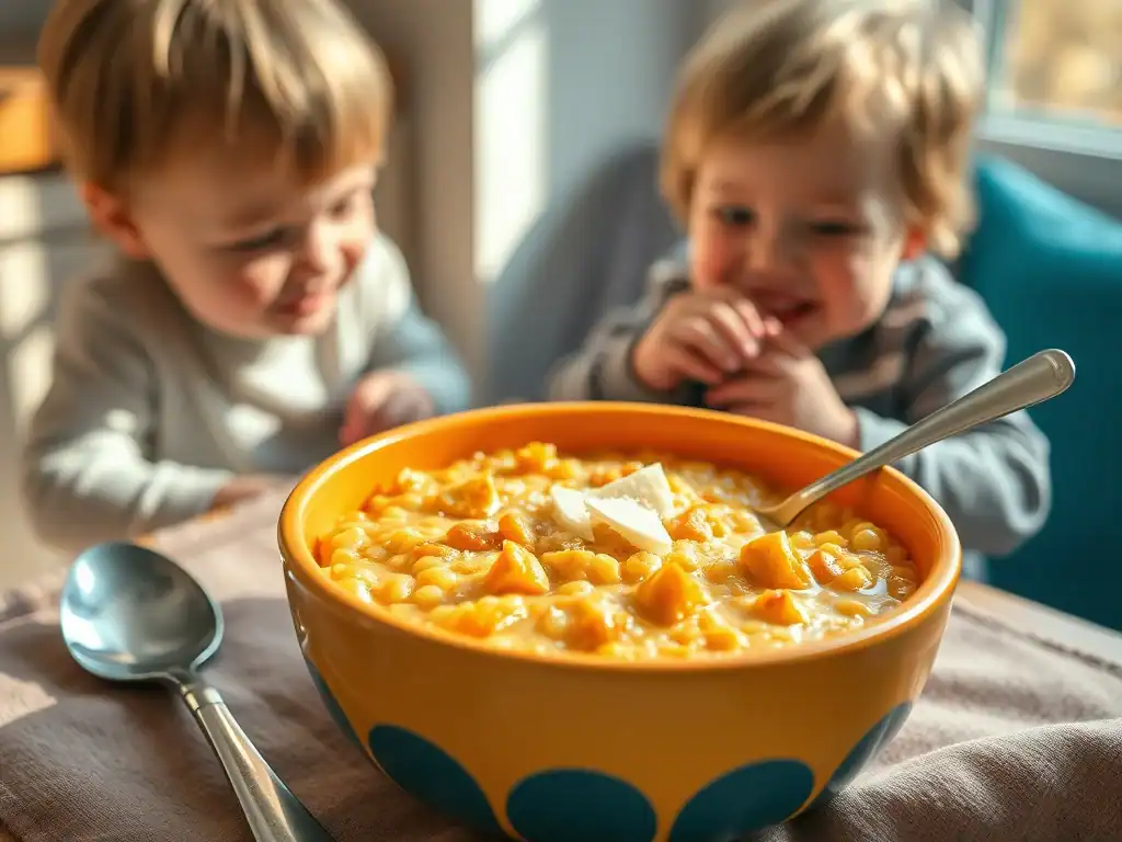 Baby eating pumpkin risotto with two children excitedly watching.