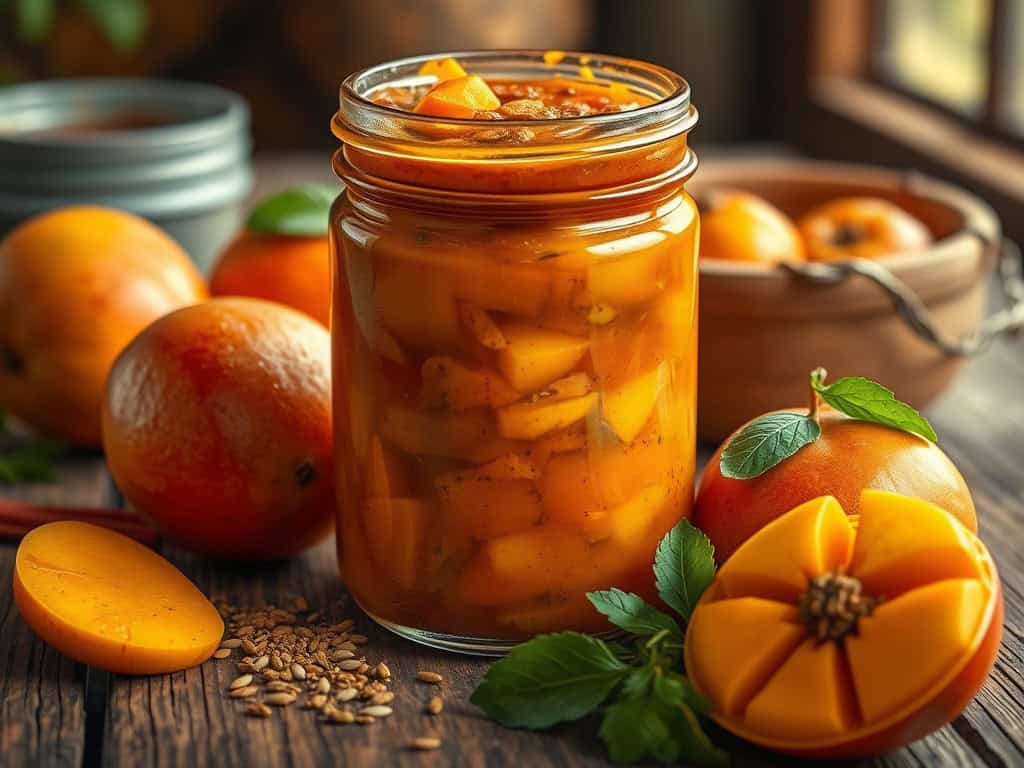 Mango chutney in a glass jar with fresh mangoes and herbs, perfect for homemade preserves.