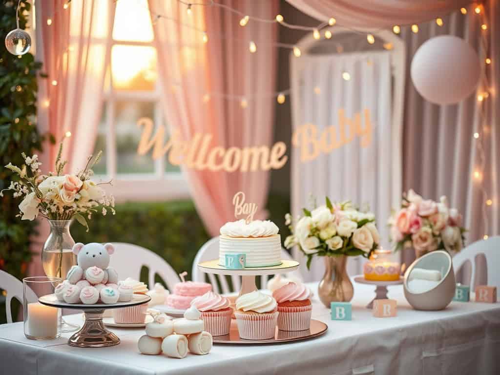 Elegant baby shower table with flowers, cupcakes, and decorations.