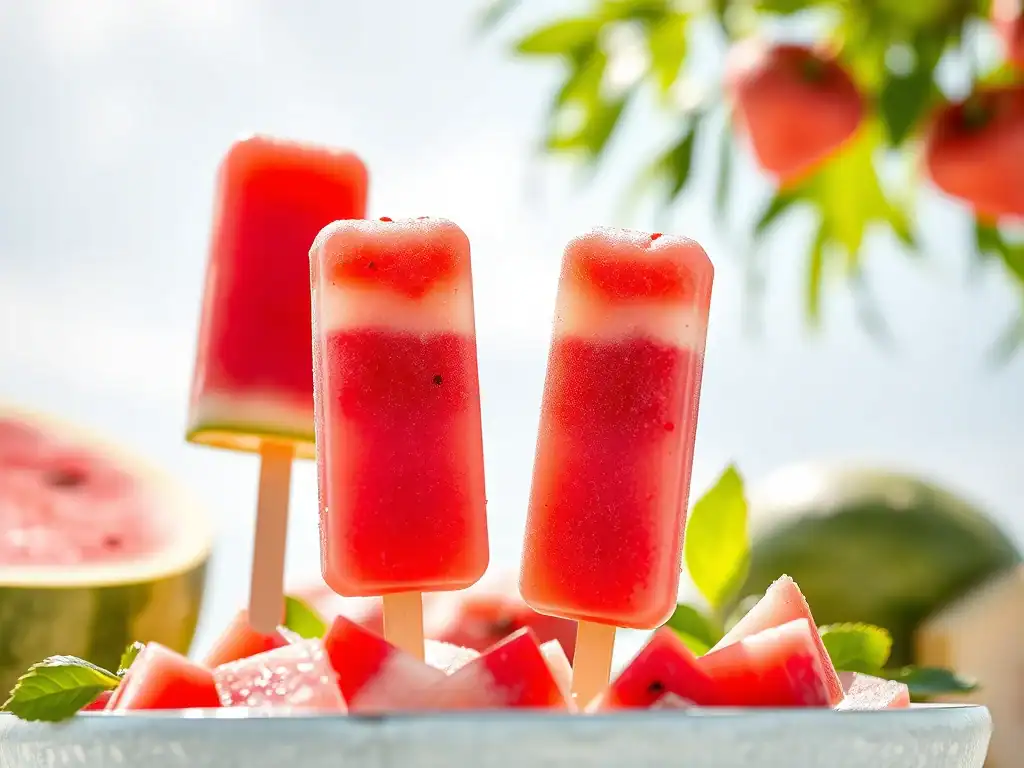Refreshing watermelon popsicles on sticks for a cool summer treat. Perfect for kids and adults to en.