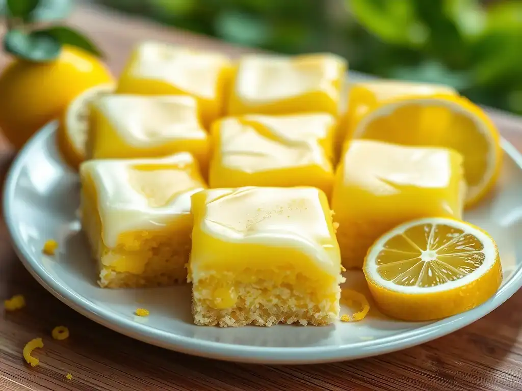 Bright lemon squares with glossy lemon glaze on a white plate.