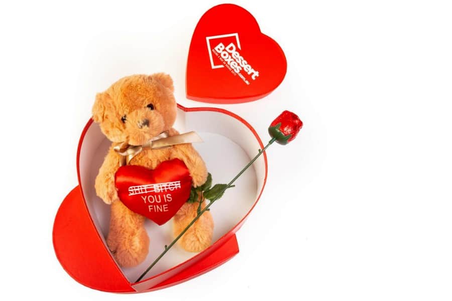 Cute teddy bear with a rose and love heart box for Valentine's Day.