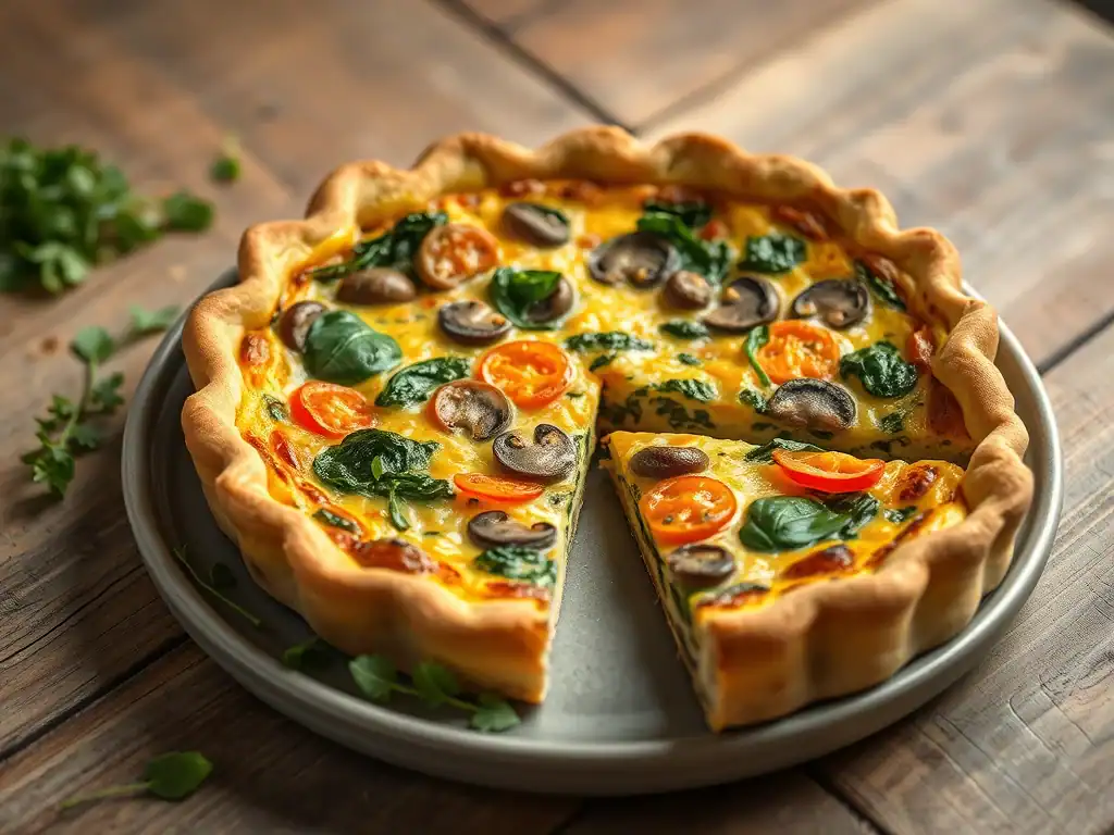 Vegetarian quiche with spinach, cherry tomatoes, and mushrooms on a rustic wooden table.