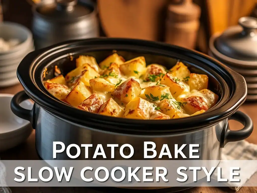 Delicious potato bake prepared in a slow cooker, topped with cheese and herbs, perfect for family di.
