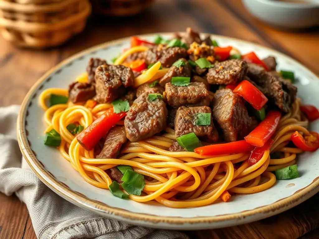 Delicious beef chow mein with vegetables on a white plate.