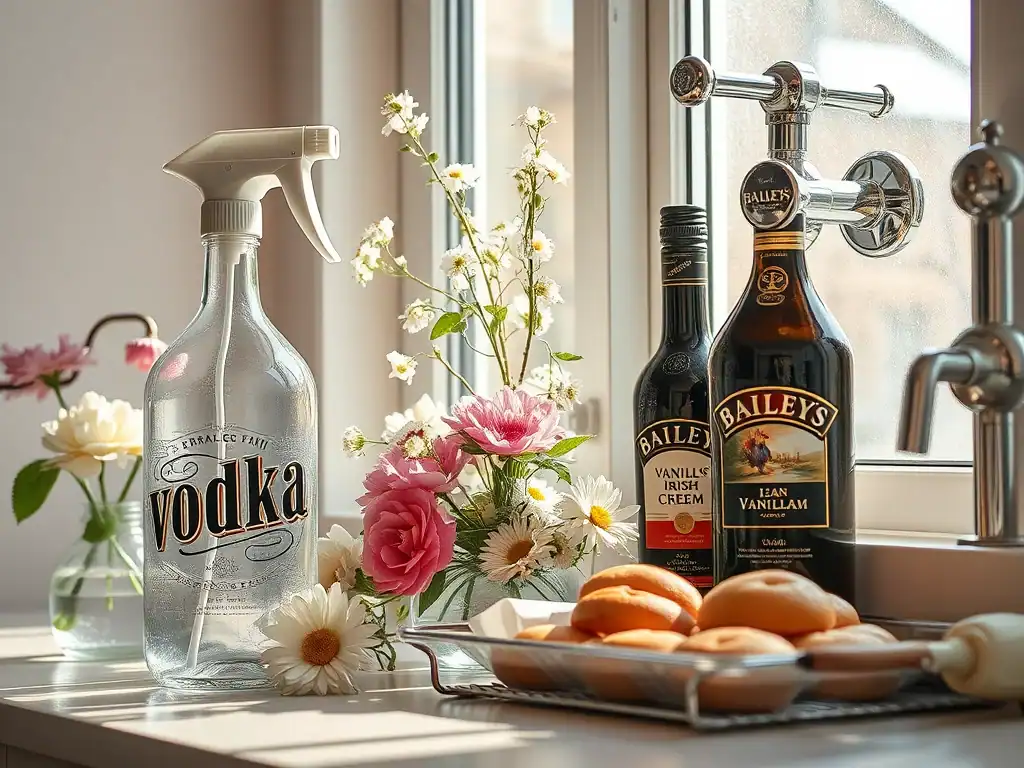 Vodka bottle and vanilla extract with flowers on kitchen windowsill.