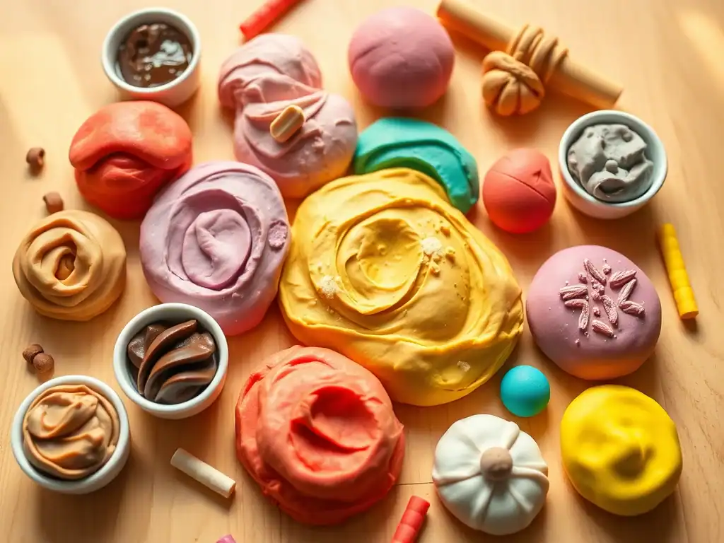 An assortment of colourful edible playdough balls and toppings on a wooden surface, perfect for kids.