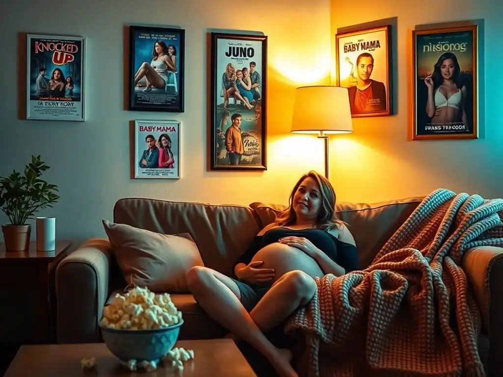 Pregnant woman sitting on sofa with hand on belly, surrounded by movie posters, cozy lighting, and b.