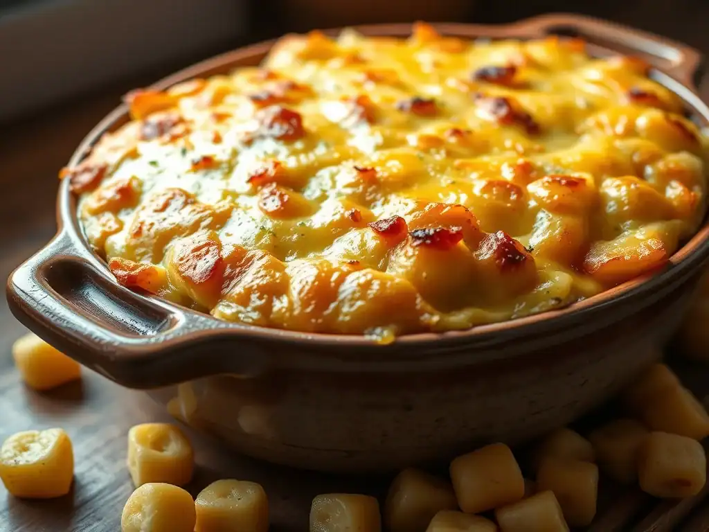 Cheesy potato gem casserole with bacon and herbs, baked to perfection. A comforting and delicious fa.