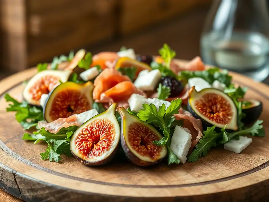 Fresh fig and prosciutto salad with leafy greens and cheese on a wooden serving board.
