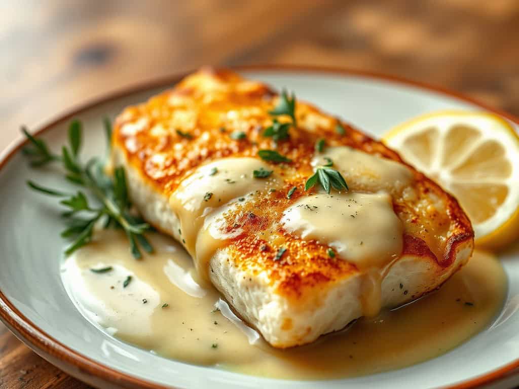 Delicious pan-fried perch topped with lemon butter sauce, garnished with herbs, served with lemon sl.
