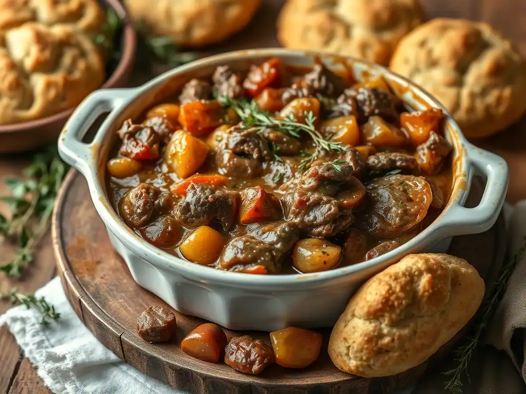 Delicious beef casserole with vegetables served with fresh herb scones, perfect for family dinners.