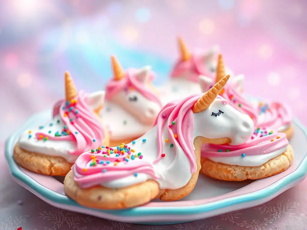 Unicorn sugar cookies with pink icing, rainbow sprinkles, and edible unicorn horns. Perfect for kids.
