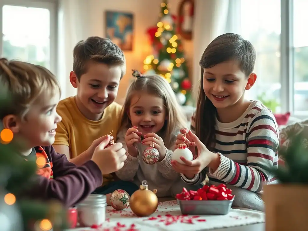 Festive family decorating Christmas ornaments together in a cozy home setting.