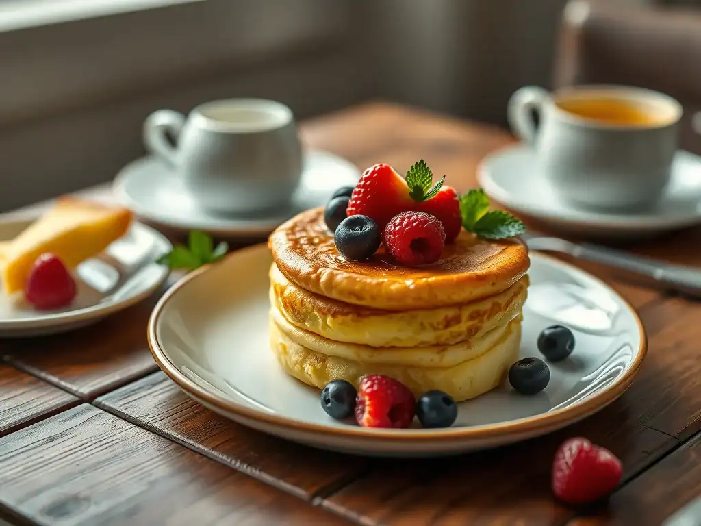 Omelette souffle topped with fresh strawberries, blueberries, and raspberries, served with tea and c.