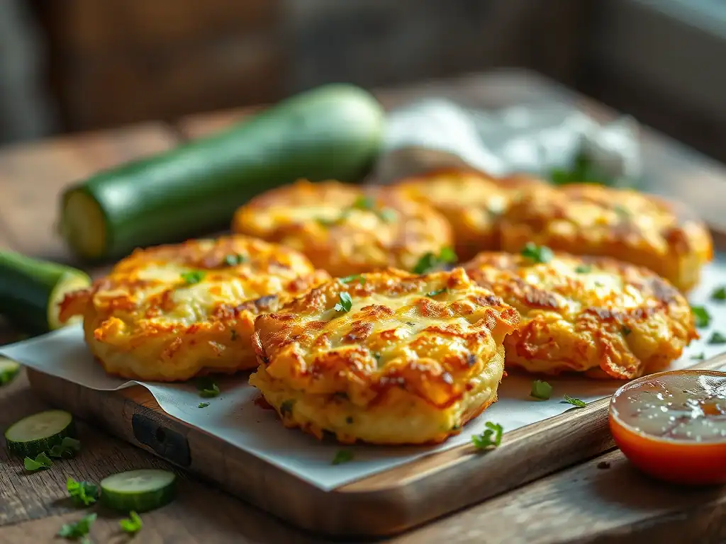 Delicious cheesy potato and zucchini fritters served on a wooden board with fresh zucchini and dippi.