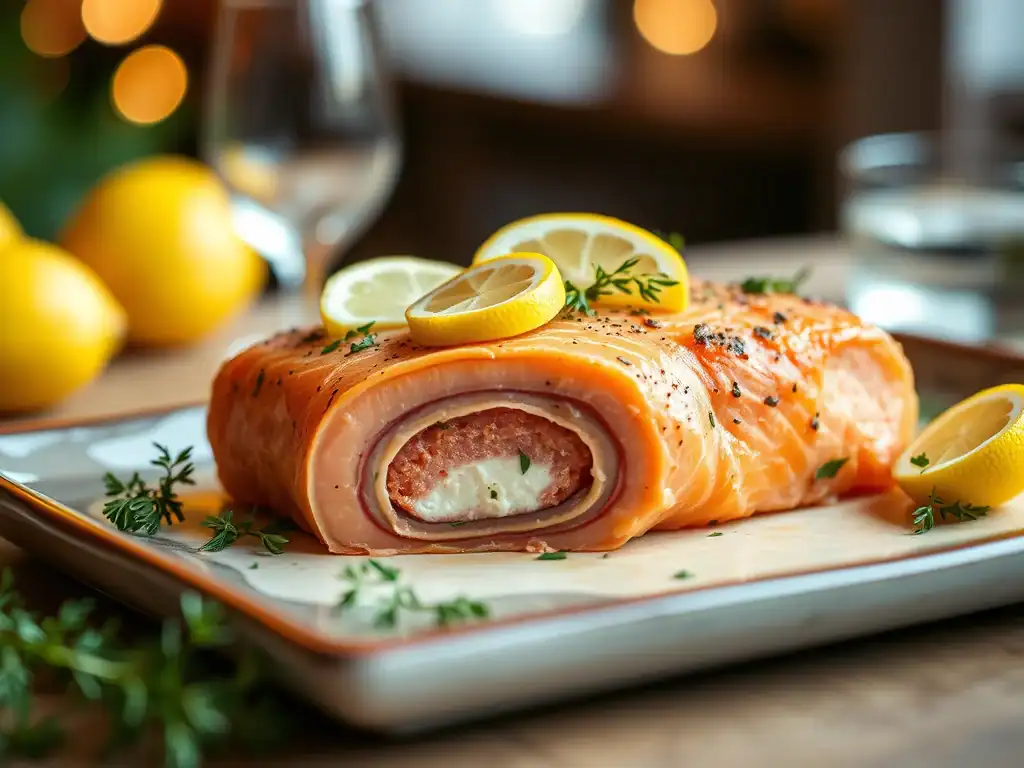 Delicious easy salmon terrine with lemon slices and herbs, perfect for a sophisticated appetizer or.