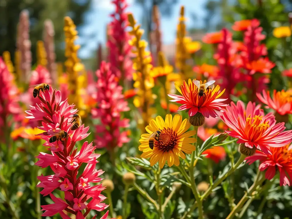 Bee-friendly garden with vibrant flowers and bees collecting nectar.