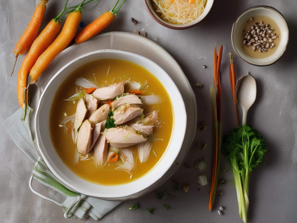 Delicious roasted chicken and garlic soup with fresh herbs, perfect for comforting meals.