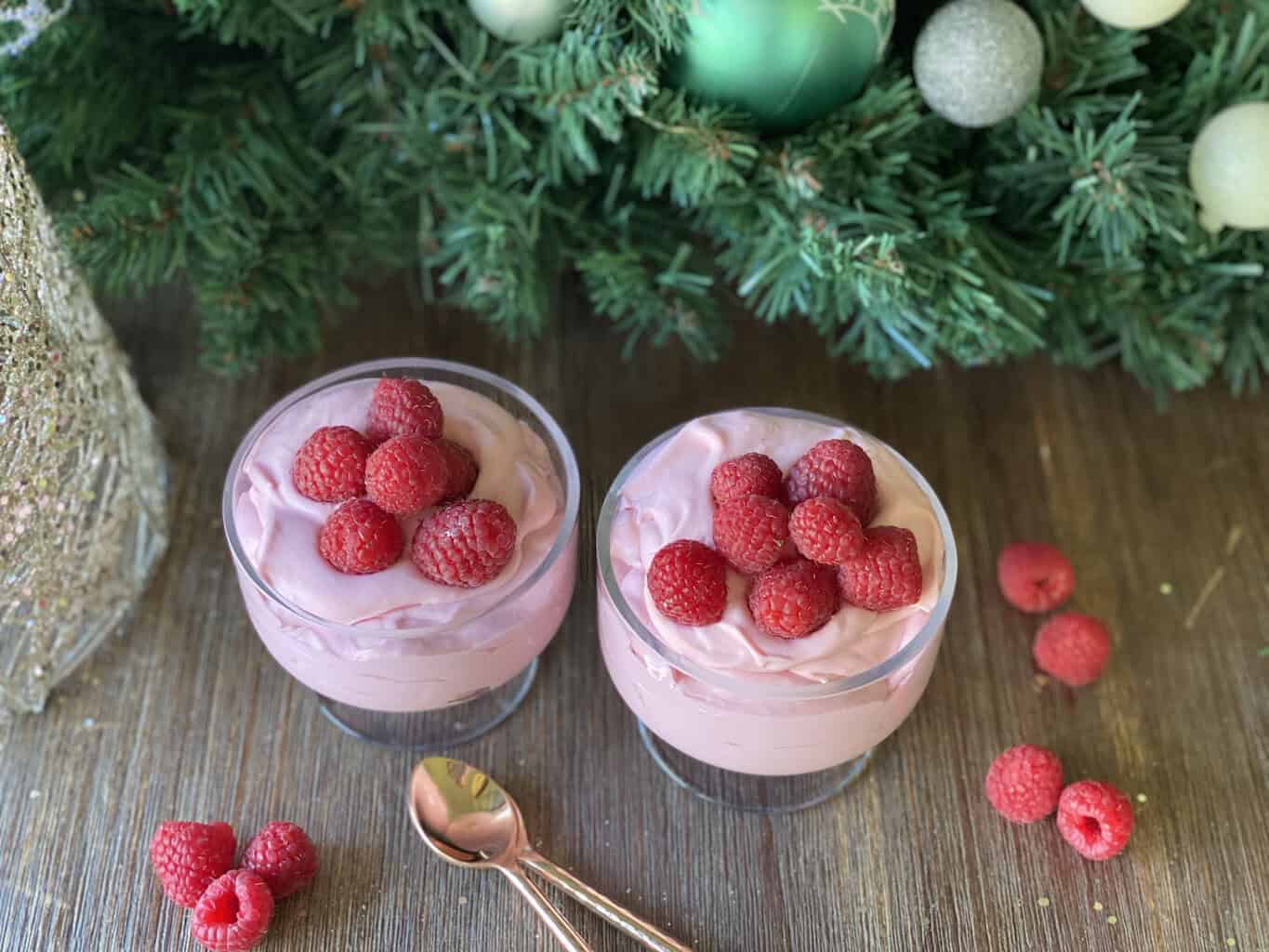 Delicious raspberry flummery served in glasses, perfect for festive occasions.