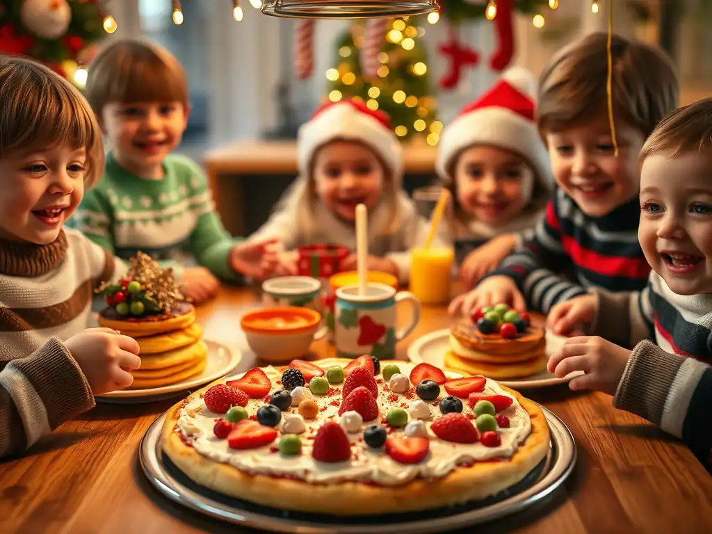 Festive kids enjoying Christmas breakfast with pancakes, fruit, and holiday decorations. Perfect for.