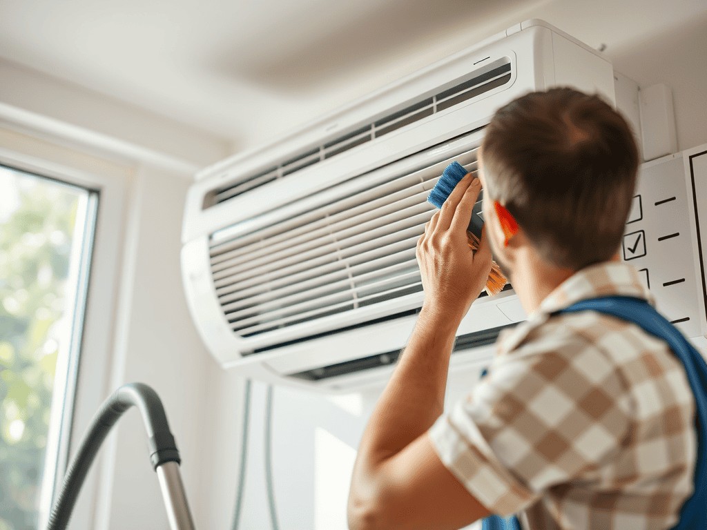 Man cleaning air conditioning unit for maintenance and efficiency.