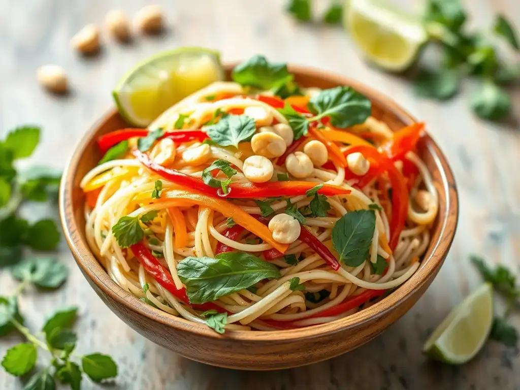 Vibrant Thai noodle salad with fresh vegetables, herbs, and lime wedges, perfect for a light, health.