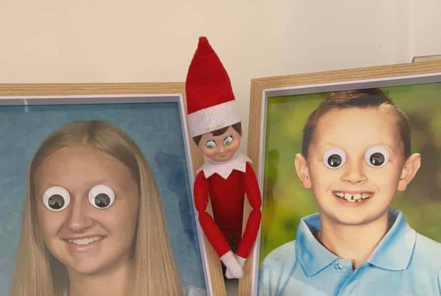 Elf on Shelf with kids wearing googly eyes in holiday photos.