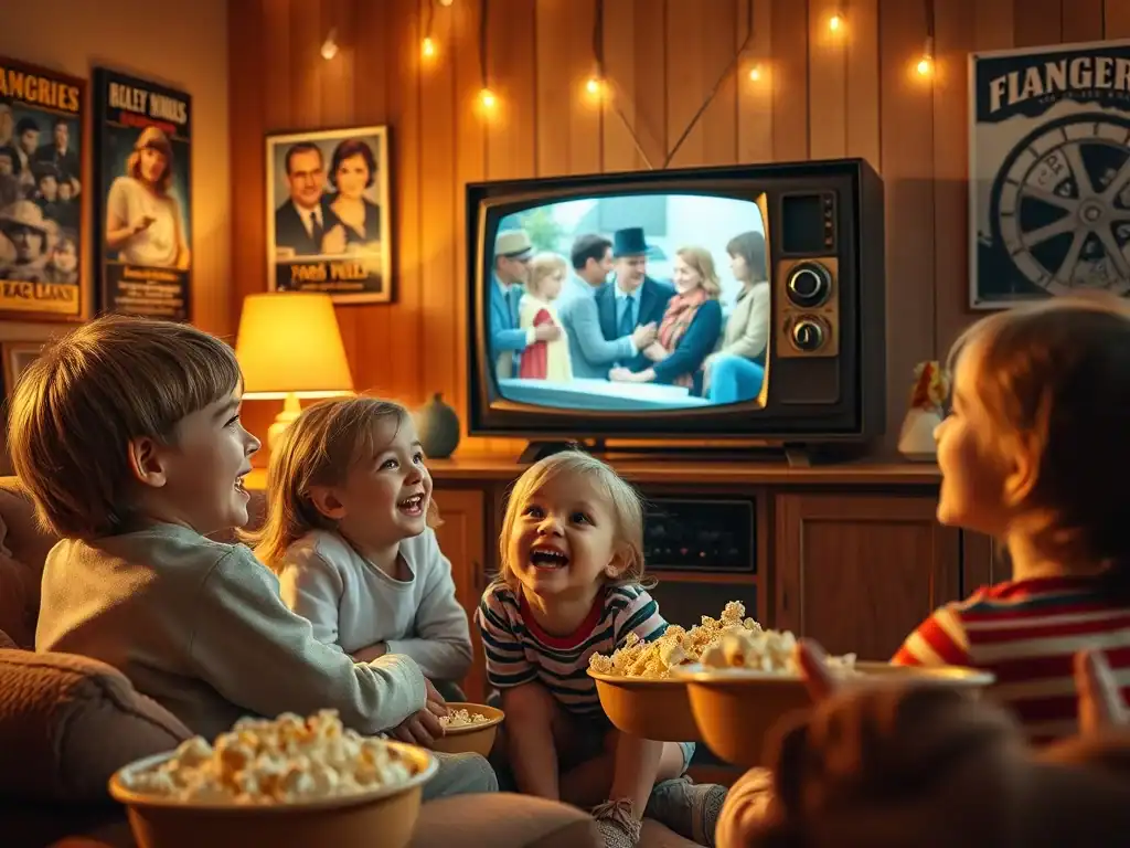 Family enjoying a movie night with children watching a classic film on television at home.