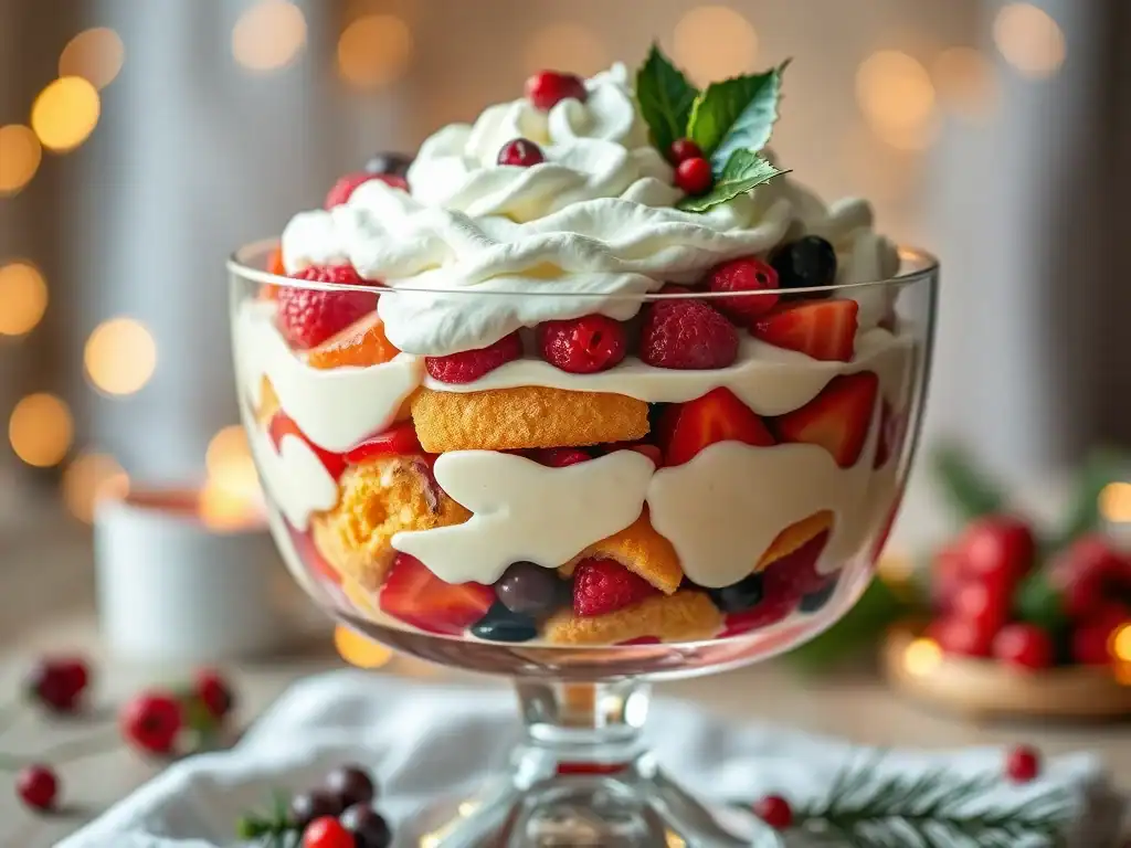 Delicious Christmas trifle with layers of cream, berries, and sponge cake, inspired by Kirsten Tibba.