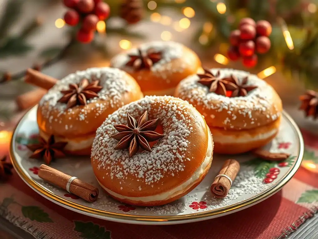 Festive baked doughnuts with Christmas spices, dusted with powdered sugar, garnished with star anise.