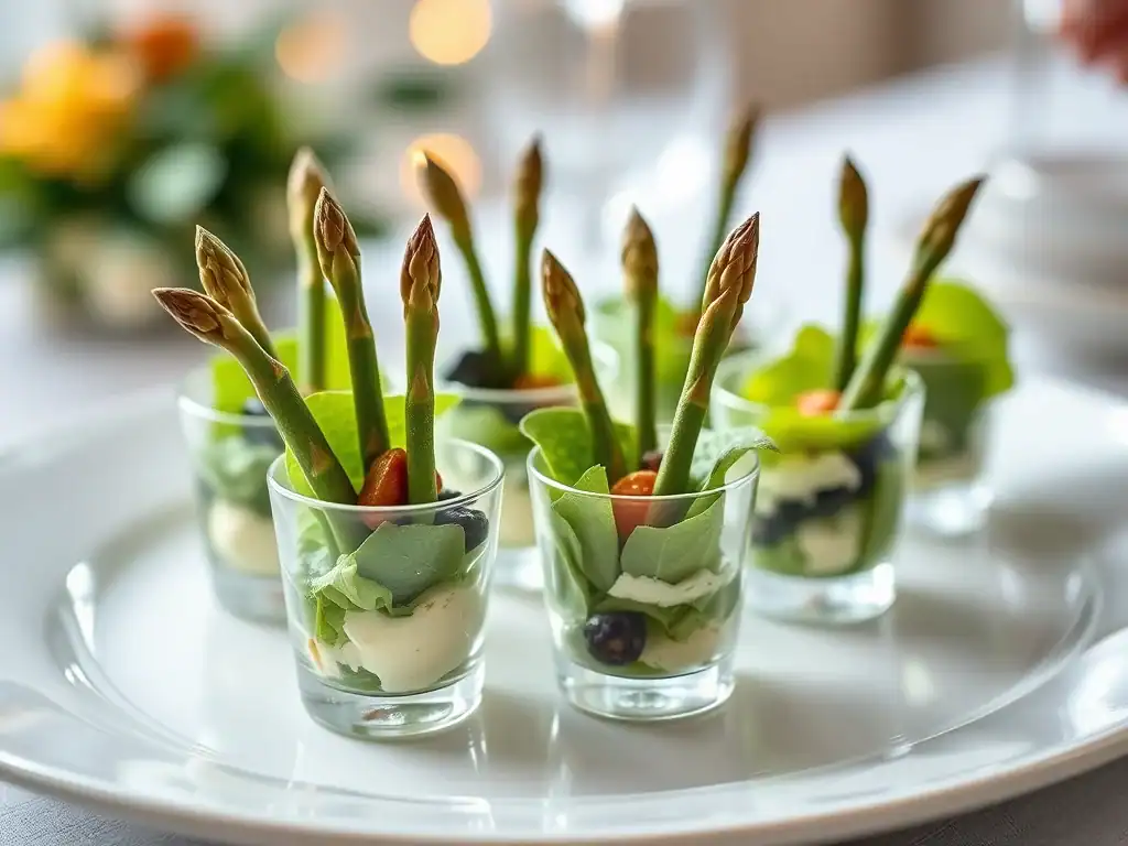 Mini Caesar salad cups with fresh baby asparagus and greens in small glass containers.