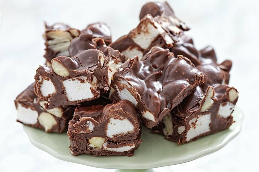 Delicious chocolate rocky road fudge with marshmallows and nuts, perfect for fete food ideas and swe.
