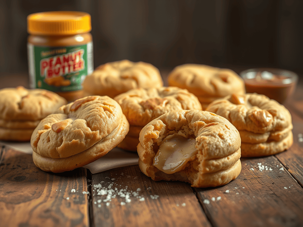 Delicious buttery peanut butter biscuits with creamy filling on a rustic wooden surface.