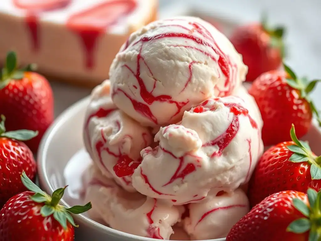 Delicious strawberry cheesecake ice cream with swirls of strawberry sauce and creamy texture. Perfec.