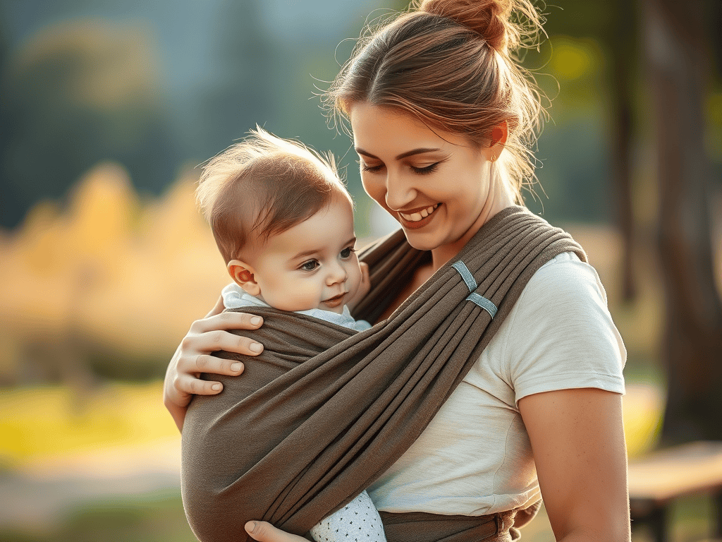 Baby wearing sling, mother smiling outdoors, parenting, babywearing.
