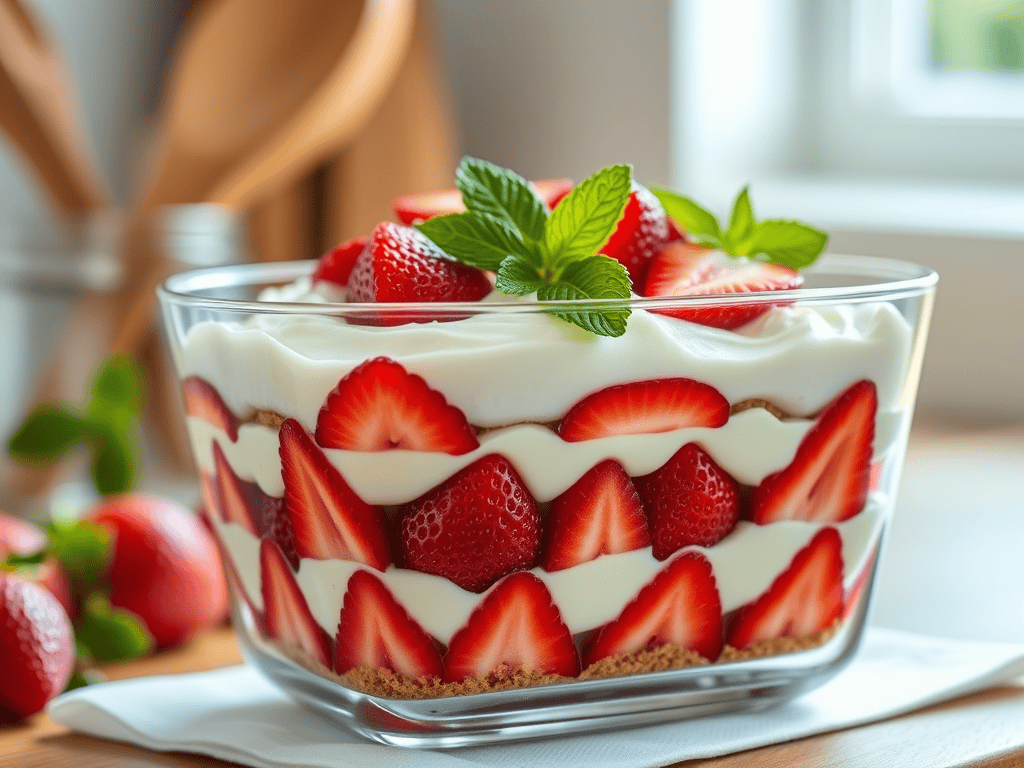 Delicious strawberry tiramisu layered with fresh strawberries and creamy mascarpone cheese. Perfect.
