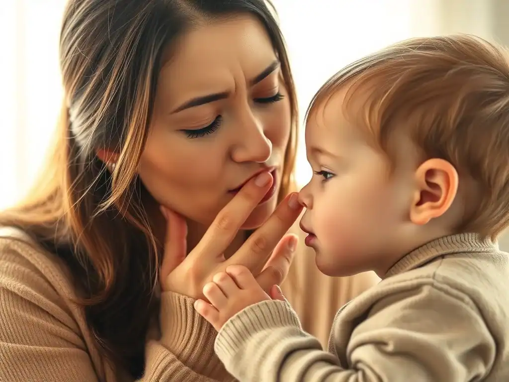 Gentle mother and child sharing a secret moment, emphasizing the importance of child safety and awar.