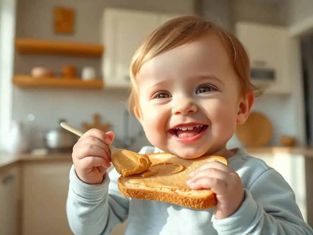Child enjoying peanut butter toast at home.
