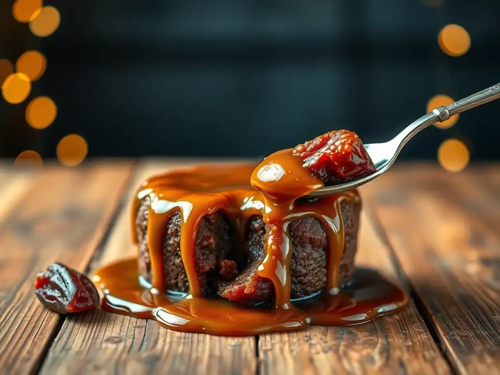 Gluten-free sticky date pudding topped with rich caramel sauce and dates, perfect for dessert lovers.