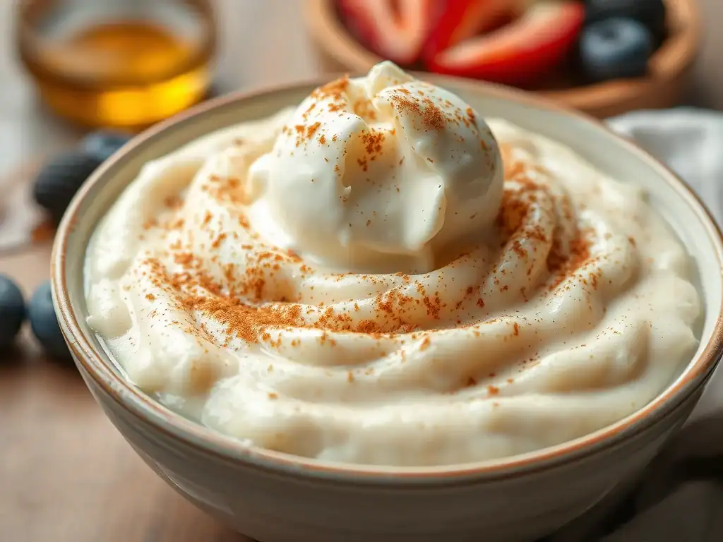 Delicious creamy rice pudding topped with whipped cream and a sprinkle of cinnamon. Perfect comfort.