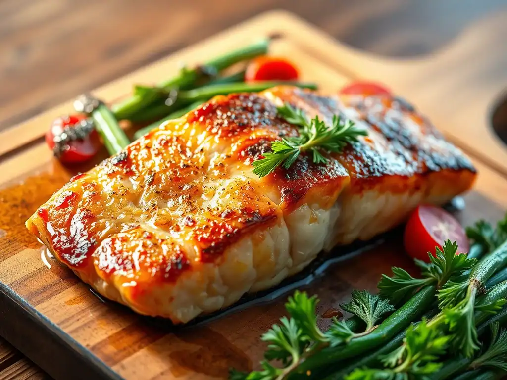Crispy skinned salmon fillet served with fresh herbs and vegetables, perfect for a healthy and delic.